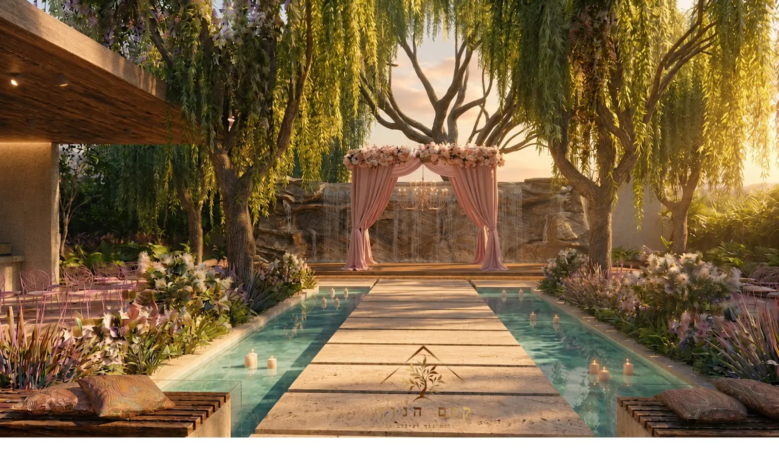 הדמיית תכנון של חופה בגן אירועים עם צמחייה, מים ותאורה חמה
